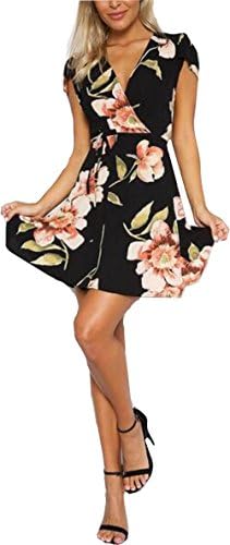 DBFACT Women Boho Floral Print Short cape Sleeve V Neck Tied Wrap Dress (M, BLACK-PINK)