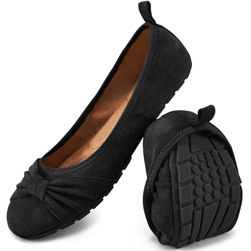 Ecetana Womens Flats Shoes Dressy: Round Toe Bowknot Suede Foldable Comfortable Casual Slip On Ballet Loafers