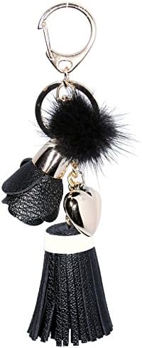 Jofook- Clearance Sale Handmade Genuine Flowers Peach Hearts Fox Fur Ball Leather Dual Tassel Bag Pendant Key Chains Rings Bag Accessorie (black)