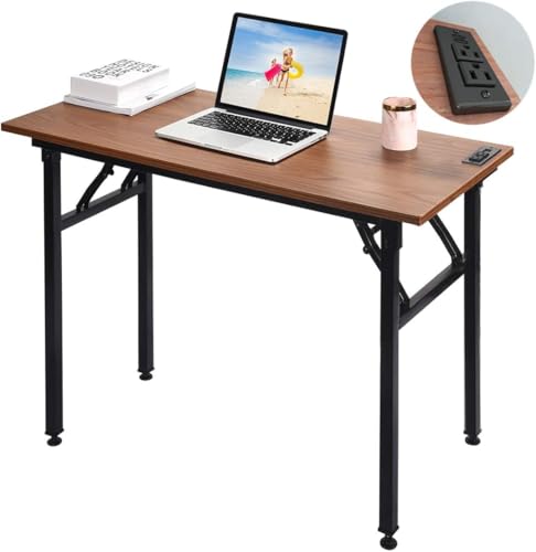 Frylr Small Folding Computer Desk – 43.3 Inch Portable Table for Craft and Study, Lightweight Desk for Small Spaces, Foldable Laptop Table Built-in AC/USB Outlets for Convenience, Walnut