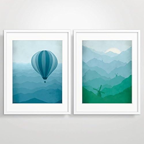 Nursery Wall Art Set, Teal Blue Nursery Room Décor, Windmill Artwork Décor, Hot Air Balloon Poster Print