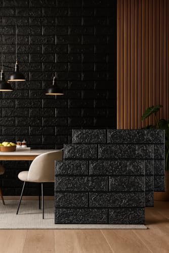 Kit Placas Adesiva Tijolinho 3D Revestimento Autocolante Decoração Quarto Sala Banheiro Impermeável (Kit 20 Placas Adesivas Tijolo Preto, 70x38,5)