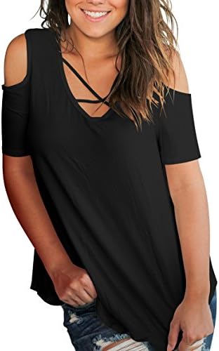 SLMMING GRIL Women's Casual T Shirt Criss Cross V Neck Cold Shoulder Tops S-XXL