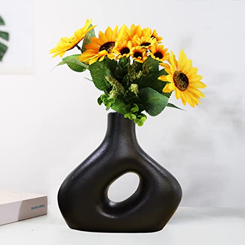 8” High Black Ceramic Vase Donut Vase Home Décor Accents, Boho Vases