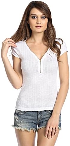 Zipper Ribbed Top (Medium, Ivory)