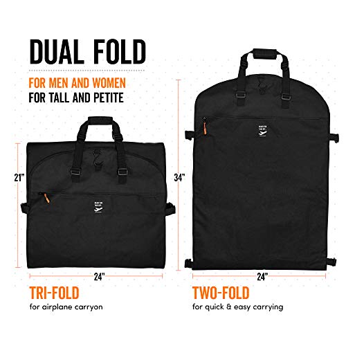 66 In Premium Trifold Garment Bag for Travel | Extra Long Women Dress, Men Suit, Wedding and Formal Gown | Hanging, Breathable, Foldable, 7 Pockets, Full Length Airplane Traveling Carry On for Clothes