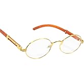 Street Knitted Classic Oval Red Wood Arm Vintage Narrow Nerd Retro 90's Circle Hip Hop Clear Tint Glasses Mens Womens Round Gold Frame Non Prescription Woodgrain Clear Lens Eye Glasses