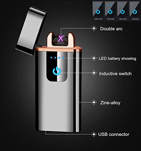 Electric Lighter, USB Rechargeable Double Arc Flameless Windproof Plasma Lighter Cool Lighter for Camping, Hunting, Backpacking,Hiking,Firestarter,Survival,EDCetc (Black)