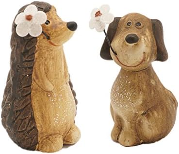 Zakka Adorable Ceramic Animals Statues with little Flower, Miniature Garden Décor-Cute Addition to Garden, Succulents Terrarium or Dollhouse (Hedgehog x Dog)