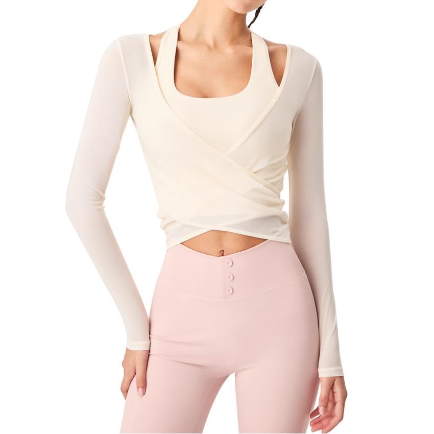 Photo 1 of Harssidanzar Yoga Two-piece Set Long Sleeve for Women Mesh Gym Athletic Tops Workout Shirts with Sports Bra CL306US, White, Size Small