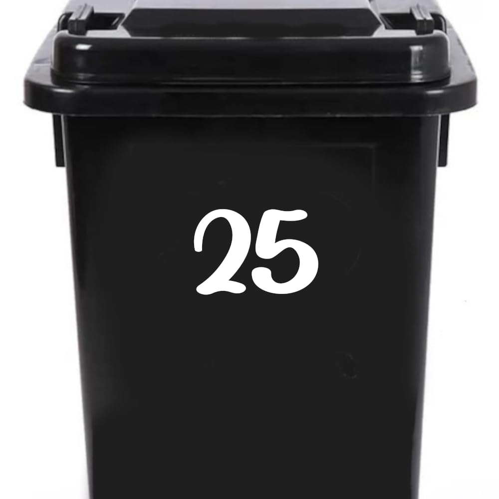 Pack of 4 House Number Wheelie Bin Stickers - Waterproof Decals - Easy-to-Apply - Recycling Boxes - Party Decorations (25)
