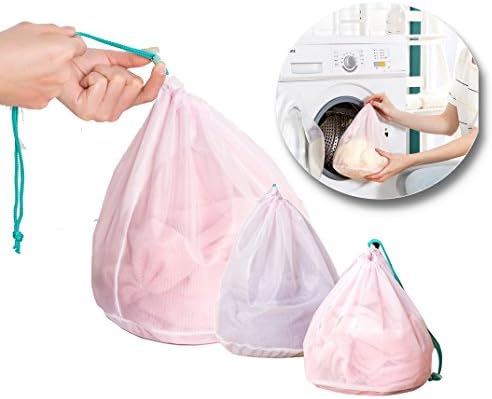 Upluck Set of 3 Drawstring Mesh Bags Pink - Large Medium Small Mesh Laundry Bags with Drawstring Cord Closure For Bra underwear Clothes Lingerie Stocking Hosiery Washing Machine