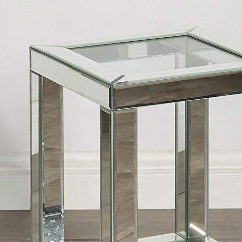 Mirrored End Table with Crystal Inlay, Square Modern Side Table Silver