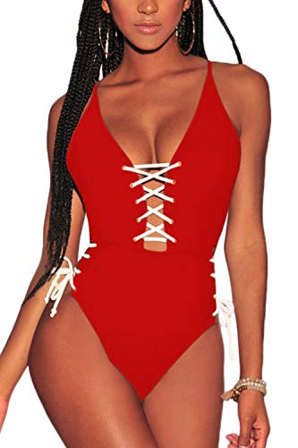 Almaree Crisscross Lace Up Open Back 1 Piece Swimsuit Plunge Swimwear for Woman Red M - Thumbnail 3