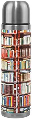 Books Shelf Pattern Steel Water Bottle Leak-proof Double Walled Vacuum Insulated Travel Mug Genuine Leather Cover 17 Oz