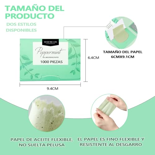 1000 piezas de papel de arroz facial. papel absorbente de grasa facial. papelitos absorbentes de brillo facial. Elimina el brillo del aceite, el papel es suave, adecuado para aceite facial (Menta)