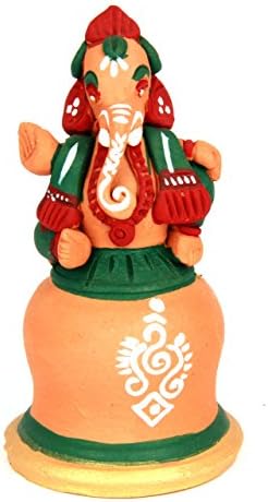 Aadaa Bell Ganesha Terracotta Figurine - 11.4x5x11.4 Cm - Green & Maroon