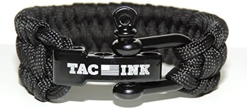 TAC INK Paracord Survival Bracelet with Black D Shackle, adjustable for wrist sizes 6"- 7.75" (Black)