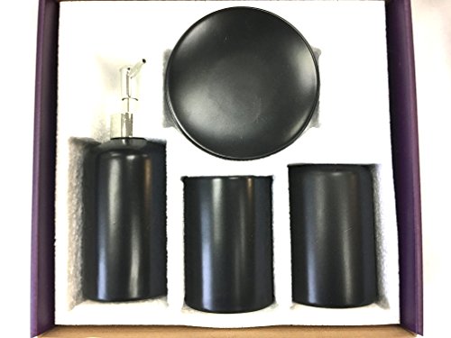 WPM 4 Piece Ceramic Bath Accessory Set | Includes Bathroom Designer Soap or Lotion Dispenser w/Toothbrush Holder, Tumbler, Soap Dish Choose from Purple, Black, Brown, Navy or Burgundy (Black)