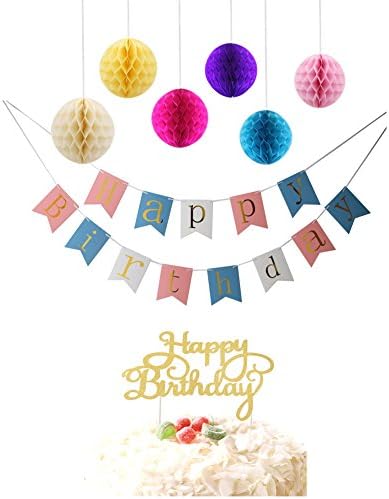 TPARTYCOM Blue Happy Birthday Banners Garlands With 6 Pack Honeycomb Balls And 1 Gold Happy Birthday Cake Topper