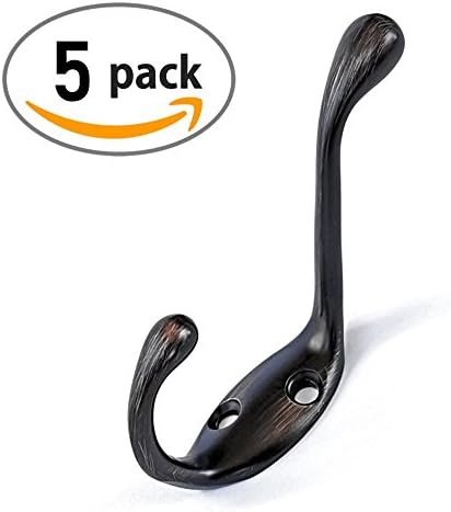 Ambipolar Heavy Duty Metal Decorative Dual Coat Hook/Hat Hook - Wall Mounted (Two Types of Screws Included), Wall Hook, Double Coat Hanger, 3-1/2", 5 Pack (Oil Rubbed Bronze).