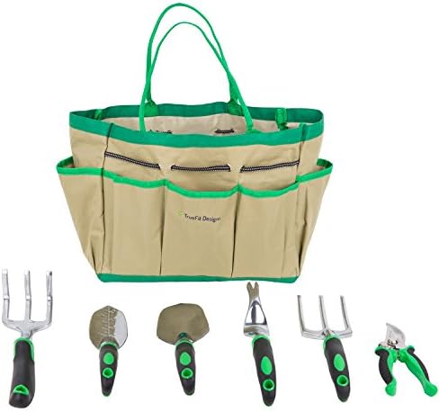 TrueFit Designs 7 Piece Garden Tool Set with Durable Cast Aluminum Heads plus Ergonomic Handles and Sizable Garden Tote Bag
