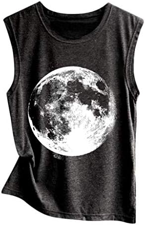 Btruely Women Summer Tank Tops Gym Sleeveless Sport Yoga Running Climbing Cycling Solid Flowy Cotton Blouse Moon Printing Personality Top Vest Sleeveless T-Shirt (XL, A Black)