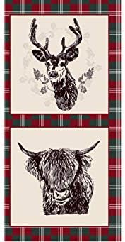 Red High Quality 100% Cotton Highland Wildlife Animal Panel STAG and Highland Cow with Tartan Border for Bags, Cushions, Quilts, Wall Hanging, Patchwork 60cm X 112cm (24” X 45”)