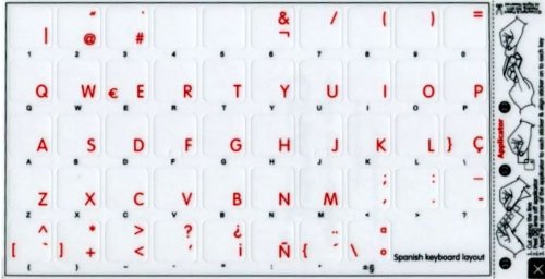 SPANISH APPLE KEYBOARD DECALS WITH BLUE, RED, ORANGE OR WHITE LETTERING ON TRANSPARENT BACKGROUND FOR DESKTOP, LAPTOP AND NOTEBOOK (Red)