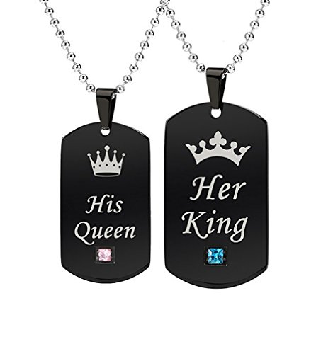 NEW-EC Promise Couples Necklace for Him Her King Queen Crown Stainless Steel Engraved Initial Relationship Chic Army Tags Pendant Necklace for Lovers Women Men GF BF Birthday Valentine's Day Gift