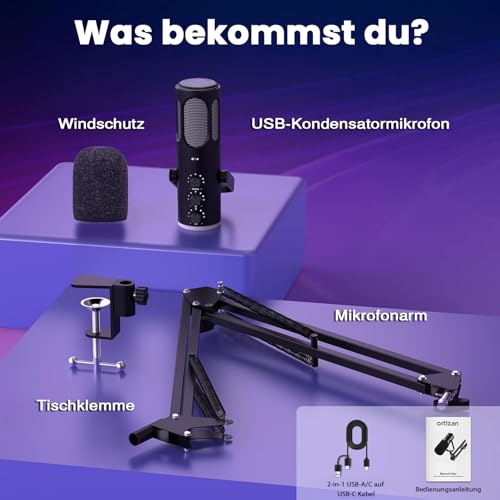 Ortizan USB Gaming Microphone PC with Swivel Arm, Mute and Monitoring | For streaming, podcast, YouTube, Discord, PS4/PS5 and Mac, with RGB light and pop filter