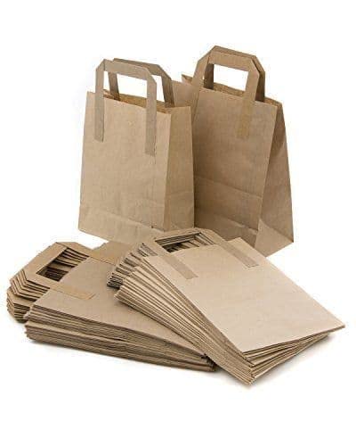 10 Medium Brown SOS Paper Carrier Bags with Handles | Recyclable Kraft Paper | Home Kitchen Takeaways School | H25 × W22 × D11cm