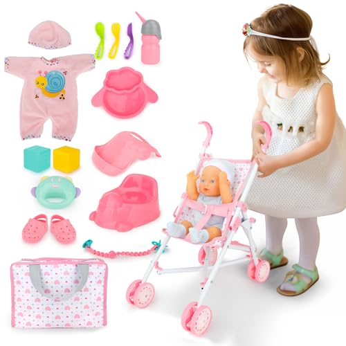 DeAO 17pcs Baby Stroller Toys with 33 cm Dolls Bag 2 Clothes for Dolls | Dolls Trolley with Quiet Wheels, Lightweight and Stable, Role Play for Children with Feeding and Baby Bottles for Dolls