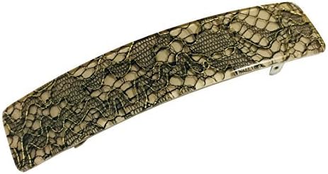 French Amie Oblong Net on Beige 3.5 Inch Handmade Strong Grip Celluloid Automatic Hair Clip Hair Barrette (Beige Net)