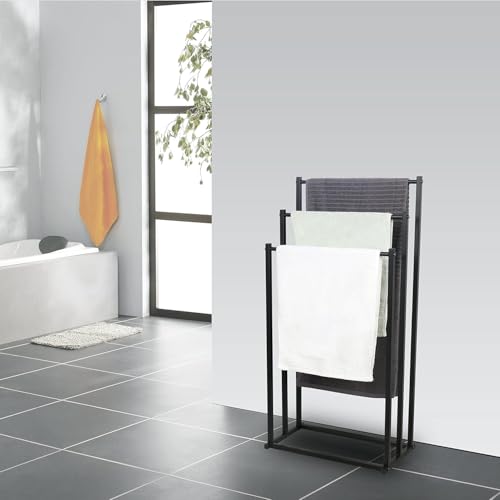 BSJIASHIWEI 3-Tier Black Metal Towel Rack Chrome High Industrial Modern Freestanding Towel Rack Bathroom Accessory Organizer for Bathroom Storage and Towels, Towels, By Tub or Shower