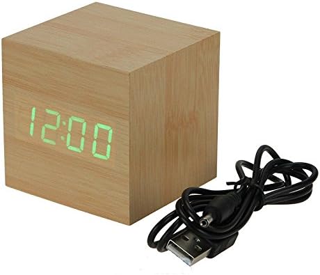 Voice Control Cube Usb/aaa Wood Wooden LED Alarm Digital Desk Clock Thermometer (Bamboo Led Green)