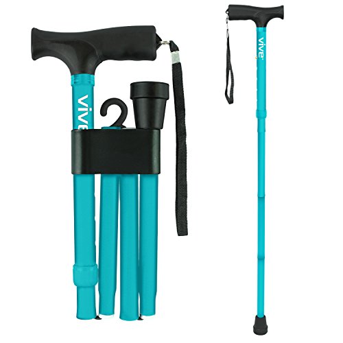 Vive Folding Cane - Foldable Walking Cane for Men, Women - Fold-up, Collapsible, Lightweight, Adjustable, Portable Hand Walking Stick - Balancing Mobility Aid - Sleek, Comfortable T Handles (Teal)