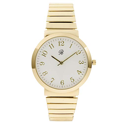 Unisex Gold Stretch Band Classic Easy Reader Watch with Clear Gold Arabic Numbers on Dial Medium Size Face - 8197 Gold