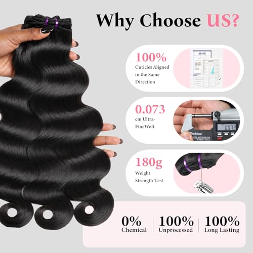 18A Human Hair Bundles 3 Bundles 22 24 26 Inch Body Wave Bundles Human Hair, 100% Weave Bundles Human Hair, No Tangle No Shedding Reusable Natural Color for Women