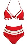 COCOSHIP Red & White Mesh Striped High Waist Bikini Set Tassel Trim Top Halter Straps Swimsuit Bathing Suit 12(FBA)