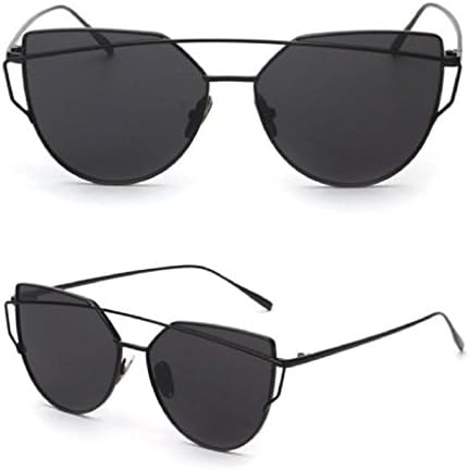 Anywa Fashion Twin-Beams Classic Women Metal Frame Mirror Sunglasses Cat Eye Glasses (Gold, Black)