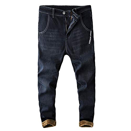 Mens Elastic Jeans Pants Winter Fashion Harlan Alphabet Stretch Feet Trousers Thicken Plus Velvet Casual Long Pants - Thumbnail 5