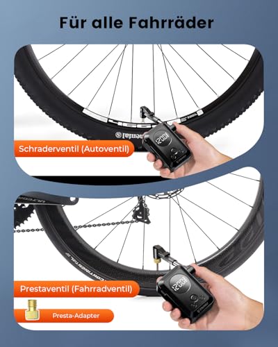 ETENWOLF Elektrische Fahrradpumpe,10,34 BAR Tragbare Reifenpumpe mit Presta und Schrader Ventil für Mountainbike,Rennrad,Motorrad,Ball,Schnellbefüllung&Auto-Stopp Luftpumpe mit Manometer