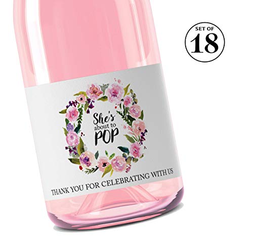 She’s Ready To POP ● SET of 18 ● PINK Baby Shower Mini Champagne Labels, Thank You for Celebrating with us Mini Champagne Labels, Floral POP When You Get the News Favors, WEATHERPROOF, M141-POP-18