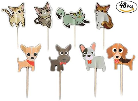 Sinrier 48 pack Cat and Dog Cake Cupcake Toppers Picks for Wedding Birthday Baby Shower Party Decorations