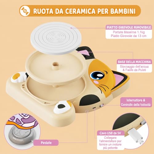Ceramic Lathe for Kids - Complete Ceramic Kit for Beginners, Creative Set 6+ Years with 3x Air Drying Clay, DIY Ceramic Kit Easter Gift for Boys and Girls