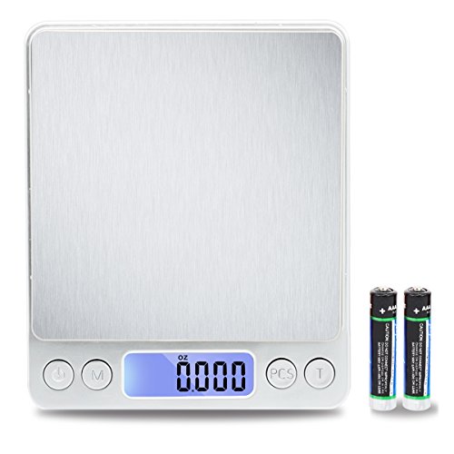 TekSky 500G/0.01G Digital Kitchen Scale - Tare & PCS Function, 6 Units, Back-Lit LCD, Pocket-Size, Battery Powered - Silver