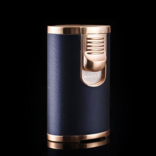 Luxurious Genuine Leather Jet Torch lighter Windproof &amp; Strongly Jet Flame For Tobacco Pipe Cigar Baking Welding Gas Refillable Turbo Lighter (Gas Not Included) (4 Jet Flame Blue)
