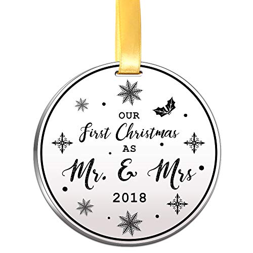 Elegant Chef Our First Christmas as Mr & Mrs Ornament- Xmas Holidays Decor for Newlywed Couples. Bridal Shower Wedding Gifts- 3 inch Flat Stainless Steel Decorations for Just Married Bride Groom