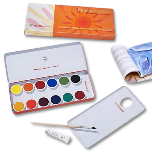 STOCKMAR Opaque Color Box - Set of 12 paints, Includes Opaque White Paint Tube, Brush, and Palette- Waldorf Art Supplies